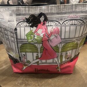 Harrods Pink and Green Artistic Tote Bag